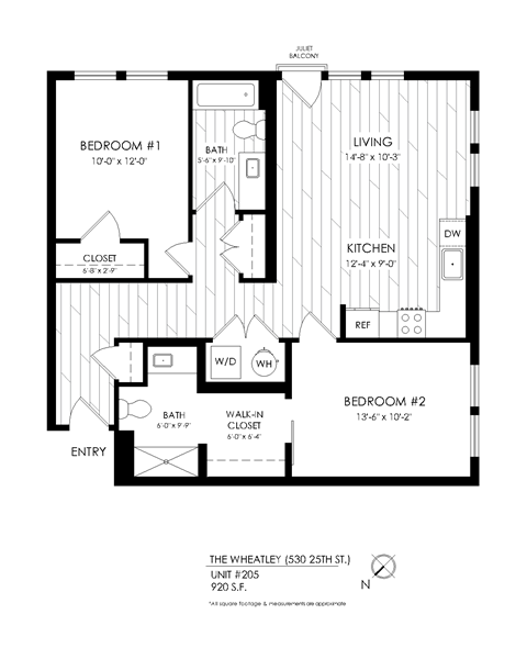 Floor plan for 2 beds, 2 baths, 981 sqft